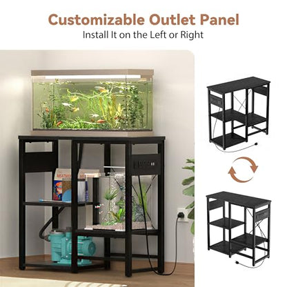 GRLEAF 20-30 Gallon Fish Tank Stand with Power Outlets, 4 Tier Metal Aquarium Stand with Wood Storage Shelves, 30.7" L x 13.8" W x 30.3" H Turtle Reptile Fish Tank Table Aquarium Table - Black - size: 20-30 Gallon