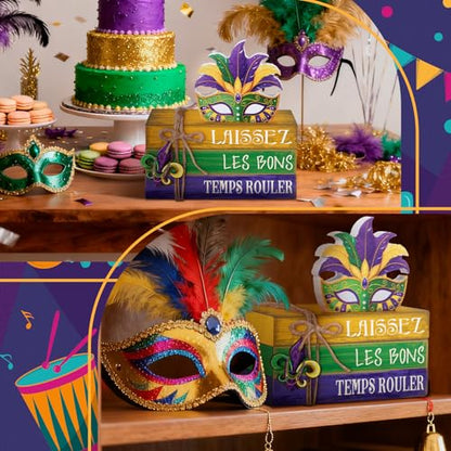 4 Pcs Mardi Gras Decorations for Home Mardi Gras Centerpieces Masquerade Masks Table Decorations Farmhouse Wooden Tabletop Blocks Sign for Rustic Tiered Tray Shelf Office Carnival - style: Carnival