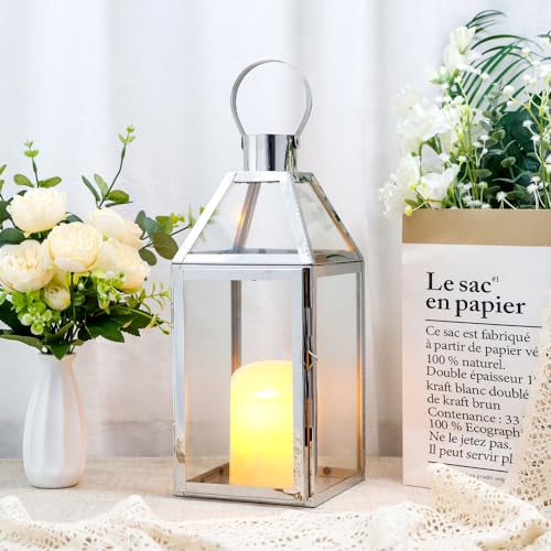JHY Design Silver Decorative Lanterns 16inch High Stainless Steel Candle Lanterns with Tempered Glass for Indoor Outdoor Events Parities and Weddings - color: Silver