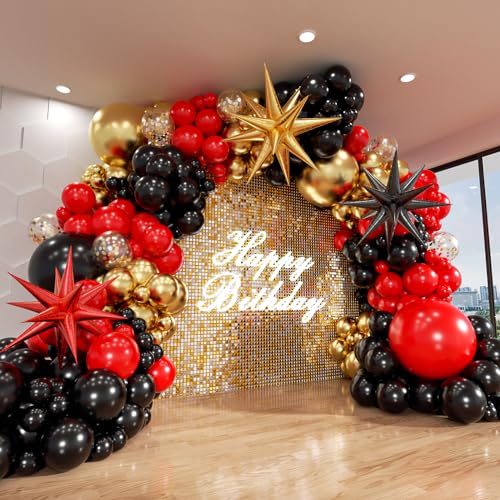 Red and Black Gold Balloon Arch Kit, 140Pcs Explosion Star Black and Red Metallic Gold Balloons 22 18 12 10 5 Inch Different Size Balloons for Birthday Casino Night Movie Night Decorations - color: Red and Black Gold