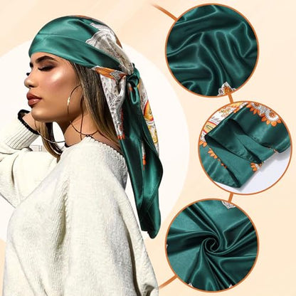 AWAYTR 35” Large Satin Square Head Scarf - 2Pcs Silk Like Floral Head Scarves Square Satin Hair Scarf Bandanas for Women - color: Paisley(green/Apricot)