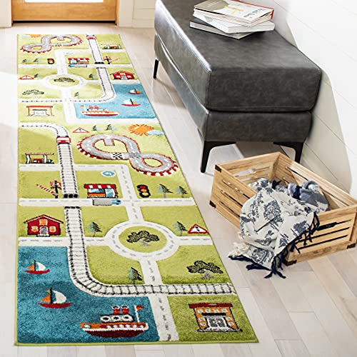 SAFAVIEH Carousel Kids Collection 2'3" x 6' Green/Ivory CRK192Y Neighborhood Road Non-Shedding Playroom Nursery Bedroom Runner Rug - color: Green/Ivory, size: 2'6" x 6' (Runner)