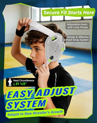 Trymaker Wrestling Headgear, Head Gear for Youth with Chin Cup & Pad, Dual Ear Guard for MMA, BJJ (Head Under 21", Ages 4–9) - color: White Headgear & White Strap