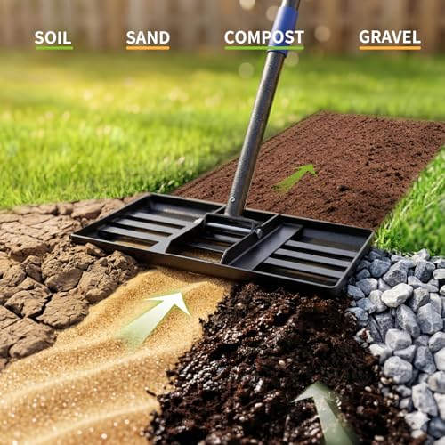 Lawn Leveling Rake, 6 FT Long Lawn Leveler with 17 x 10 Small Rakes Head for Smooth Garss Soil Dirt Sand, High Effect Long Handle Ground Leveling Tool with Round Edge for Yard Garden, No Flip - size: 17"x10" , 6 ft