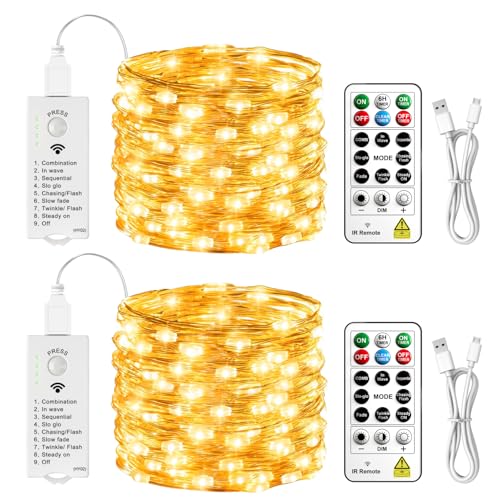 HXWEIYE Rechargeable Fairy Lights with Remote & DIY Timer, 2 Pack 33ft 100LED Battery Operated Twinkle String Lights, 8 Modes Decor Light for Bedroom Indoor Wedding Dorm Christmas Tree (Warm White) - color: Warm White, size: 2 Pack