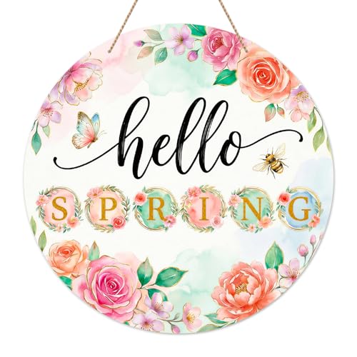 SICOHOME Hello Spring Door Sign - 11.5" Round Floral Spring Decorations for Home Office Party - Welcome Spring Wreath Farmhouse Rustic Hanging Sign for Door Wall Mantle Porch Indoor Outdoor Decor - color: Hello Spring 2