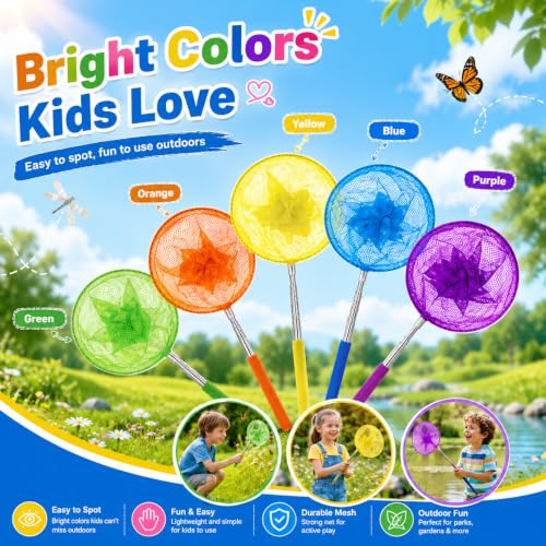 RAINFLOW Telescopic Butterfly Nets - Fishing Net with Anti Slip Grip | Outdoor Catcher Net for Catching Butterfly, Bugs, Insect, Fish, Ladybird, Extendable 6.7 in to 34 in - size: 5 Pack