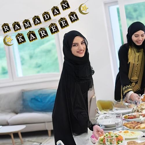 Ramadan Kareem Banner Eid Mubarak Hanging Decoration No DIY Needed,for Eid Al-Fitr Party Supplies, Home, Tree, Fireplace, and Wall Decor
