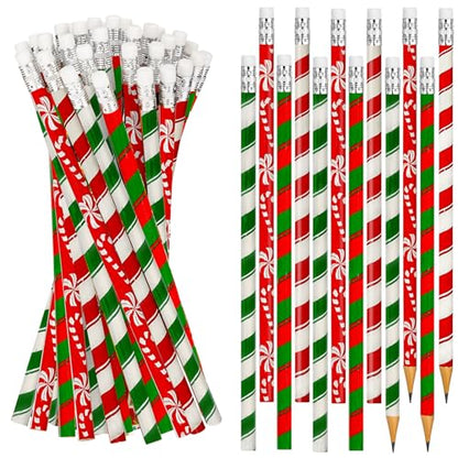 Cinrobiye 100 PCS Christmas Pencils Bulk,Christmas Candy Cane Writing Pencils with Eraser Xmas Stationery Pencil for Holiday School Party Favors Stocking Stuffers Classrooms Student Rewards - style: Pencils