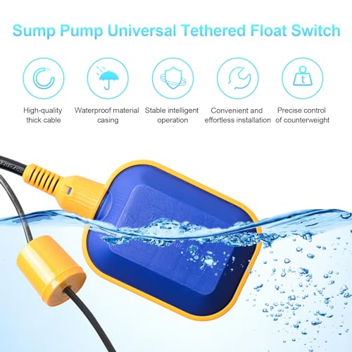 (With Counterweight) Sump Pump Universal Tethered Float Switch AC 15A 110~250V Piggyback Style Plug with 10 Feet Cord, Used in Sewage Pump, Water Tank, Septic Tank Pump, etc. | 15A 110 250V Piggyback Style Plug, with 10 Feet Cord, Used in Sewage Pump, Wat