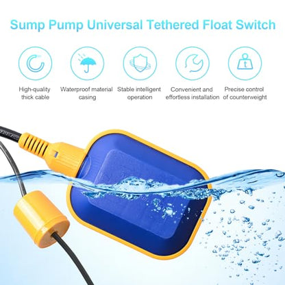 (With Counterweight) Sump Pump Universal Tethered Float Switch AC 15A 110~250V Piggyback Style Plug with 10 Feet Cord, Used in Sewage Pump, Water Tank, Septic Tank Pump, etc. | 15A 110 250V Piggyback Style Plug, with 10 Feet Cord, Used in Sewage Pump, Wat