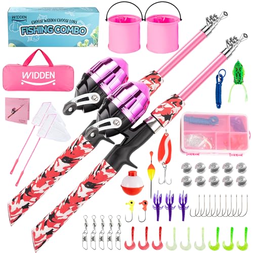 WIDDEN Kids Fishing Pole, Portable Telescopic Kids Fishing Poles for Boys and Girls, Fishing Rod and Reel Combo Kit with Tackle Box, and Fishing Net, Best Fishing Pole for Toddler Youth - color: Pink+Pink