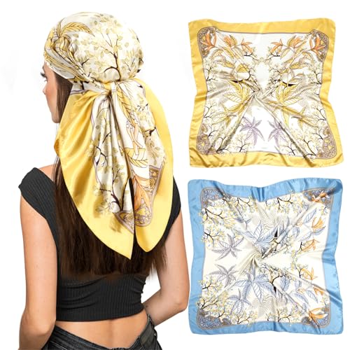 vimate 35" Square Silk Like Head Scarf - Women's Fashion Satin Scarf Bandana for Hair Wrapping at Night. - color: H4#. Style--139-2 Pack