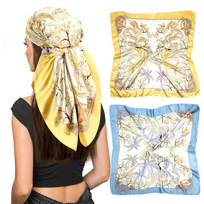 vimate 35" Square Silk Like Head Scarf - Women's Fashion Satin Scarf Bandana for Hair Wrapping at Night. - color: H4#. Style--139-2 Pack