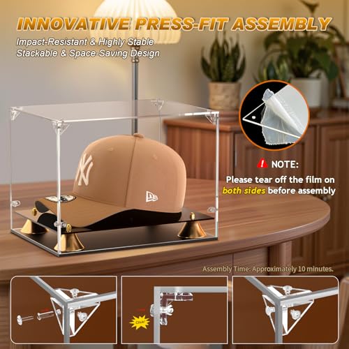 KOLIPI Hat Display Case, Clear Acrylic Baseball Cap Display Box with Double Layer Base, Self-Assembly Showcase for Baseball Cap, Snapback, Mini Helmet, UV Protection for Signed Memorabilia - size: Hat Case, 11x8x7 inches