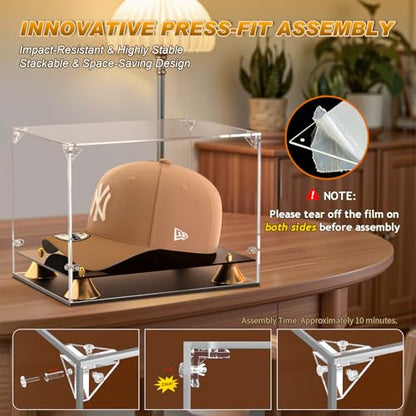 KOLIPI Hat Display Case, Clear Acrylic Baseball Cap Display Box with Double Layer Base, Self-Assembly Showcase for Baseball Cap, Snapback, Mini Helmet, UV Protection for Signed Memorabilia - size: Hat Case, 11x8x7 inches