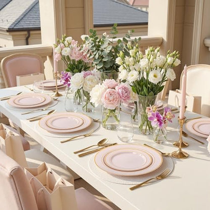 WDF Partyware 350PCS Pink Disposable Plates - Pink Plastic Plates 50Guests Plastic Dinnerware Sets with Rolled Napkins for Wedding/Birthday/Baby shower - color: Pink, size: 350