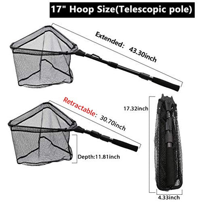 SANLIKE Collapsible Telescopic Fishing Net Rubber Coated Salt/Freshwater | Rubber coated net, fiberglass pole, non-slip rubber handle, various telescopic sizes, one-click storage - color: Black, size: 17 inches to 43