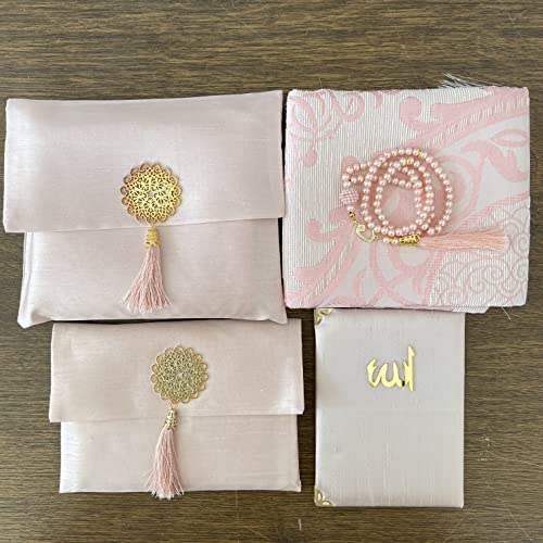 Muslim Prayer Rug, Bag&Yaseen Surah Pocket-Size Book, Bag&Prayer Beads Set I Perfect Islamic Gift I Prayer Rug Travel I Muslim for Men&Women I Soft Islamic Mat | Luxury Islamic Gifts (1 Set, Pink) - color: Pink, size: 1 Set