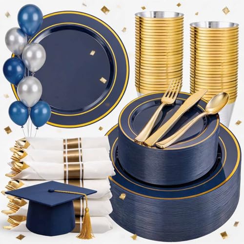 WDF Partyware 350PCS Navy Blue and Gold Plastic Plates with Rolled Napkins Include Dinner Plate 10’’, Dessert Plate 7’’, gold Cups 9 OZ, Pre Rolled Napkins for Birthday/Wedding/Party/Graduation - color: Blue and Gold, size: 350