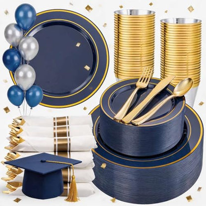 WDF Partyware 350PCS Navy Blue and Gold Plastic Plates with Rolled Napkins Include Dinner Plate 10’’, Dessert Plate 7’’, gold Cups 9 OZ, Pre Rolled Napkins for Birthday/Wedding/Party/Graduation - color: Blue and Gold, size: 350