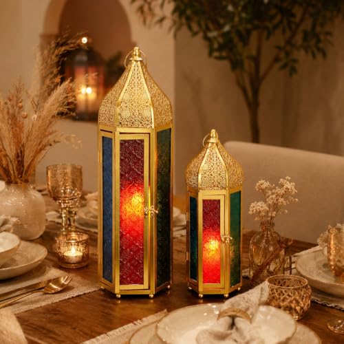 TRIROCKS Set of 2 Moroccan Candle Lanterns 22.5''&15'' H Decorative Candle Holder Hanging Lanterns with Embossed Colored Tempered Glass Ramadan Decorations for Home Outdoor Indoor Patio Weddings(Gold) - color: Gold