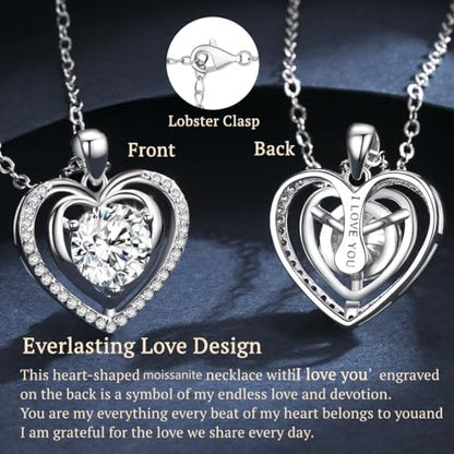Heart Pendant Gold Necklace for Women Moissanite Lab-Created Gem I Love You Wedding Anniversary Birthday Christmas Valentine Engagements Mothers Day Jewelry for Wife Her Girlfriend Mom Daughter - color: Silver Heart-1CT