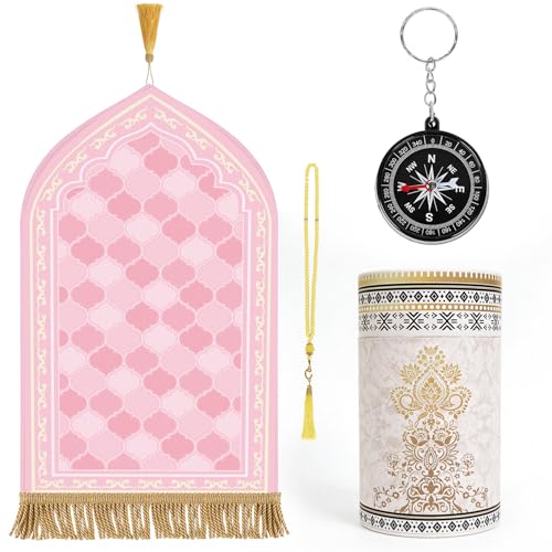 Prayer Mat Ramadan Gifts - Light Pink Prayer Rug Islamic Praying Tasbih Beads Compass, Muslim Praying Carpet for Women Eid Salah Namaz Meditation, Gifts for Eid Ramadan - color: Pink
