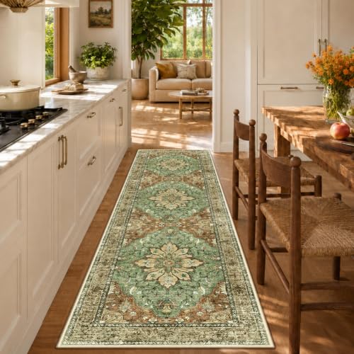 RELEANY Washable Area Rug, Runner 2'6"x8', Brick/Brown/Green - color: Brick/Brown/Green, size: 2'6" x 8' (Rectangular)