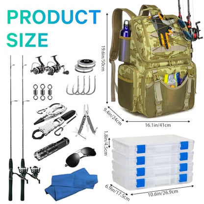 Fishing Backpack, 45L Large Cooler Fishing Tackle bag with Rod Holders & Rain Cover, Water-resistant Store Gear (Khaki Camo) - color: Khaki Camo