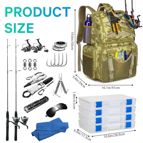 Fishing Backpack, 45L Large Cooler Fishing Tackle bag with Rod Holders & Rain Cover, Water-resistant Store Gear (Khaki Camo(With 4 Tackle Boxes)) - color: Khaki Camo(with 4 Tackle Boxes)