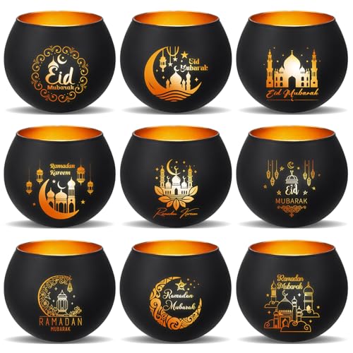 9 Sets Ramadan Candle Holders with Votive Tealights Ramadan Mubarak Table Decoration for Home 9 Designs Eid Table Centerpiece Islamic Gift(Black) - color: Black