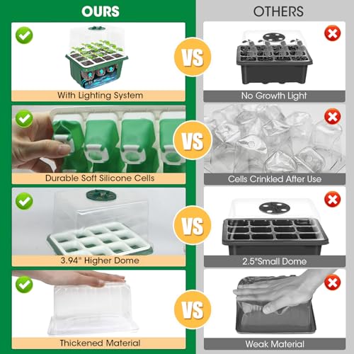 5PCS 60 Cell Self Watering Seed Starter Tray with Grow Light, Reusable Silicone Seed Starter Kit with Humidity Dome, 60 Cells Plant Germination Trays for Seeding Planting Growing（5-Pack 60-Cell）