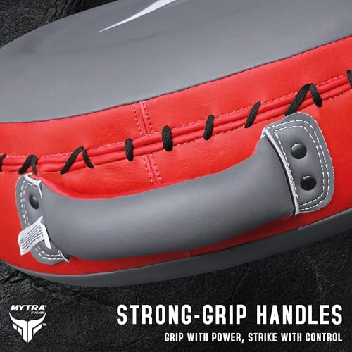 Mytra Fusion Boxing Round Pad Kickboxing Coach Training Punching Focus Mitts for Martial Arts, MMA & Muay Thai, Strike Boxing Focus Pads for Speed, Focus & Accuracy - color: Grey/Red