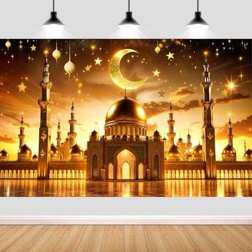 10X8ft Ramadan Eid Mubarak Backdrop Decorations, Ramadan Lantern Light Moon Star Mosque Gold Dome Castle Backdrop Islamic Muslim Festival Party Background Decoration Photo Banner Booth - color: Multi1, size: 10 x 8 ft