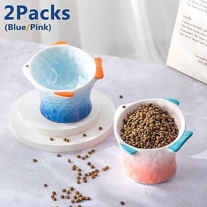 Tioncy 2 Pcs Raised Tilted Ceramic Cat Food Bowl Fish Shape Cute Elevated Slanted Shallow Angled Cat Dish Non Slip Feeder Bowl for Anti-Vomiting and Whisker Fatigue(Blue, Pink) - color: Blue, Pink