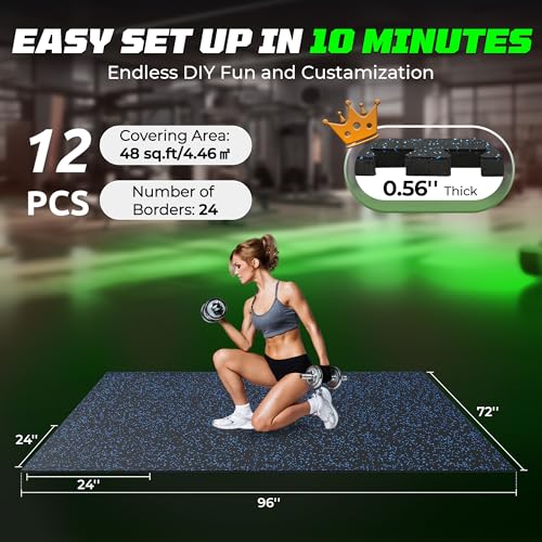 PRAISUN 0.56" Rubber Top Gym Flooring, Heavy Duty Interlocking Gym Mats for Home Gym, Non-Slip Workout Mat, 24 x 24in Large Gym Floor Mat, Protect Floors from Weights & Equipment, 48 Sq Ft, Black/Blue - size: 12 Tiles (48 Sq Ft)