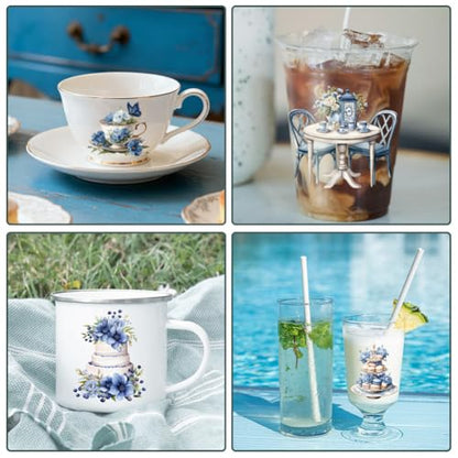 12 Pcs Blue Retro UV DTF Cup Wraps, 4.3 x 9.4 Inch Afternoon Tea UV DTF Transfer Stickers Waterproof Rub on Transfer Decals for 16OZ Glass Bottle Vase Furniture Crafts - style: Retro Afternoon Tea