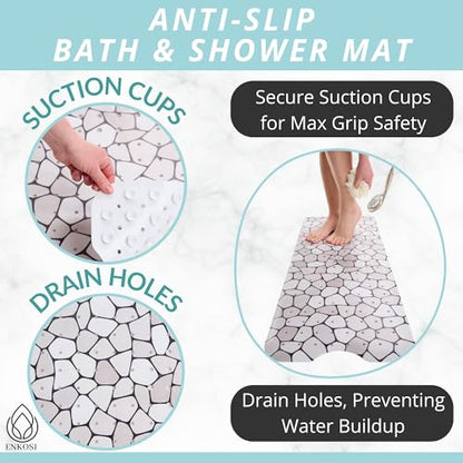 ENKOSI Non-Slip Bath & Shower Mat 40x16 Extra Long, Suction & Drain Holes | Pebble spa look; Durable PVC; 40x16 in, Pebble - color: Pebble