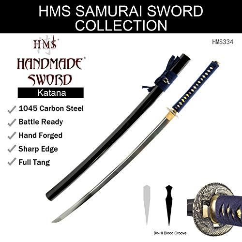 Hand Forged 1045 Carbon Steel Blue Dragon Katana Full Tang Sword | hand-sharpened for tameshigiri, bo-hi groove, openwork guard, navy ito wrap, black saya