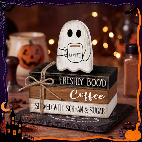 4 Pcs Halloween Table Decorations Halloween Ghost Tiered Tray Decorations Rustic Mini Ghost Coffee Wooden Books Bolck Signs Centerpiece for Farmhouse Office Shelf Tabletop Office Bookshelf - style: Halloween