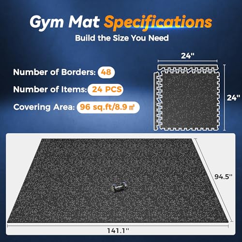 SUPERJARE 1" Extra-Thick Rubber Top Exercise Mat, Puzzle Gym Flooring for Home Gym, Gym Mat for Workout Equipment, Interlocking Floor Tiles with EVA Foam, 24 Pcs 96 Sq Ft, Black/Grey - size: 24 Tiles (96 Sq Ft)