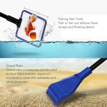 Fish Cleaning Tools, 5 in 1 Gravel Rake Scraper Plant Fork Sponge Brush Fish Net Comfortable Grip Aquarium Cleaning Tool Kit for Aquarium Telescopic Cleaning