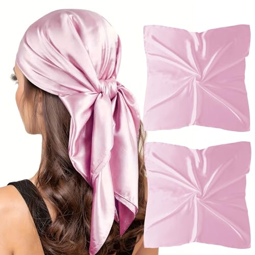 vimate 35" Square Silk Like Head Scarf - Women's Fashion Satin Scarf Bandana for Hair Wrapping at Night. - color: J1#. 2 Pack - Pink