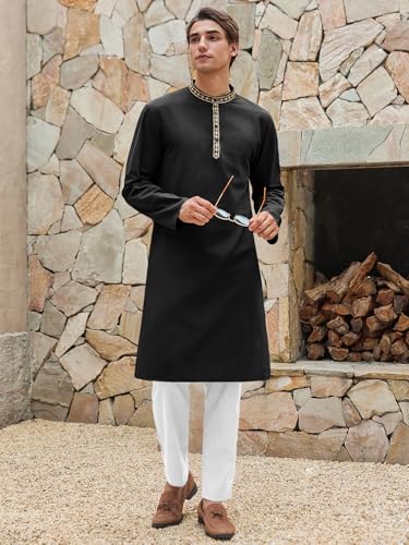 Runcati Mens Cotton Kaftan Robe Long Sleeve Button Down Henley Shirts Thobe Casual Side Split Gown Shirt - color: Black, size: X-Large