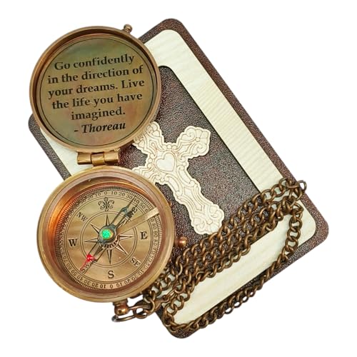 Deocar Engraved Brass Compass with Inspirational Quotes and Wooden Box –Gift for Son, Husband, Grandson, or Travelers – Ideal for Birthdays Graduation Christmas or Special Occasions - style: Go Confidently