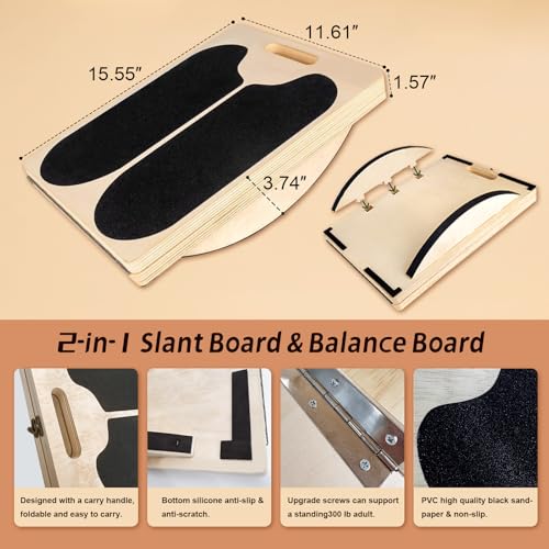 ZALL Slant Board Balance Board 2-in-1 Wooden Adjustable Calf Stretcher | Velour Squat Wedge Wobble Exercise Knee Ankle Heel Foot Pain Relief Incline