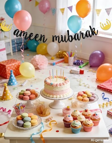 Ameen Party Decorations - Ameen Mubarak Banner - Eid Muslim Islam Party Decoration Black Glitter