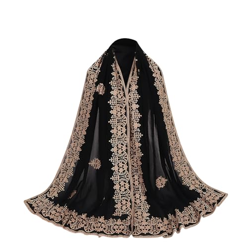 OhMill Black Hijab Scarf Soft Floral Embroidered Chiffon Headscarf Lightweight Lace Scarves Long Shawl Wrap for Women Wedding - color: Leave