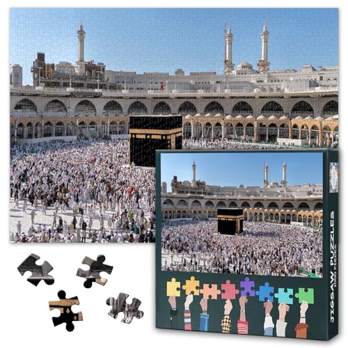Jigsaw Puzzle 1000 Piece Set for Adults Mecca Saudi Arabia Grand Mosque Muslim Pilgrims Hajj Scene Islamic Spiritual Artwork Home Office Wall Decor Large 27.5x19.7 Inch - color: Artwork-11